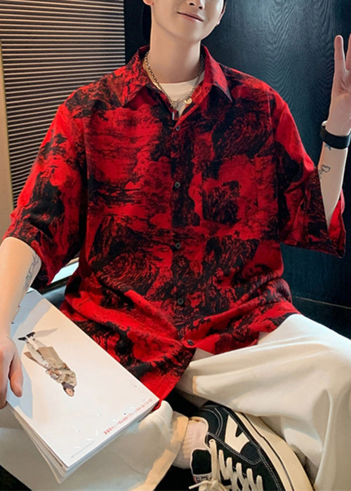 Pockets Shirts Vintage Half Sleeve Men Cotton Red Button Print