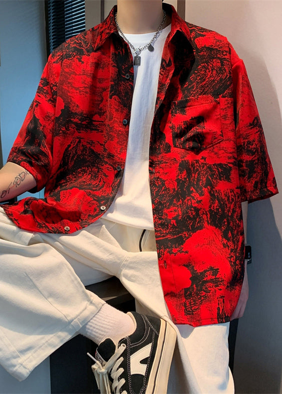 Pockets Shirts Vintage Half Sleeve Men Cotton Red Button Print