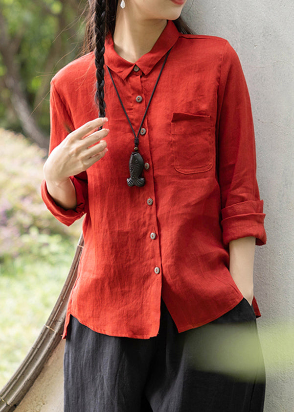 Vintage Red Peter Pan Collar Pockets Shirts Spring VV083