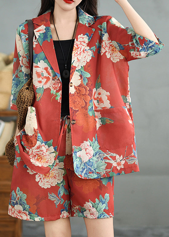 Two Sleeve Vintage Cotton Pockets Red Set Pieces Print Half