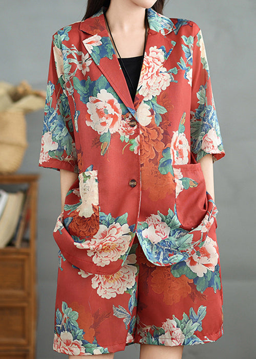 Two Sleeve Vintage Cotton Pockets Red Set Pieces Print Half