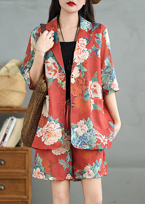 Two Sleeve Vintage Cotton Pockets Red Set Pieces Print Half