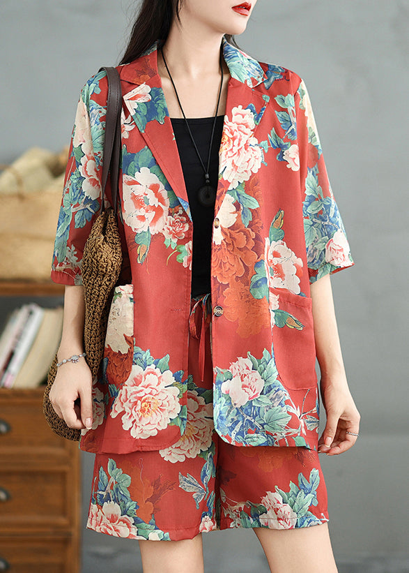 Two Sleeve Vintage Cotton Pockets Red Set Pieces Print Half