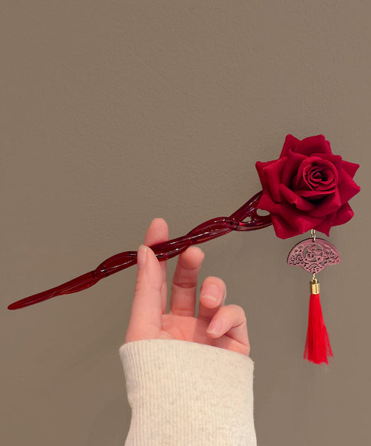 Glaze Red Rose Vintage Tassel Hairpin Coloured