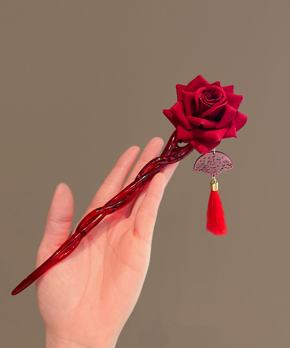 Glaze Red Rose Vintage Tassel Hairpin Coloured