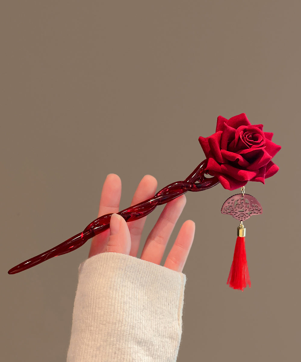 Glaze Red Rose Vintage Tassel Hairpin Coloured