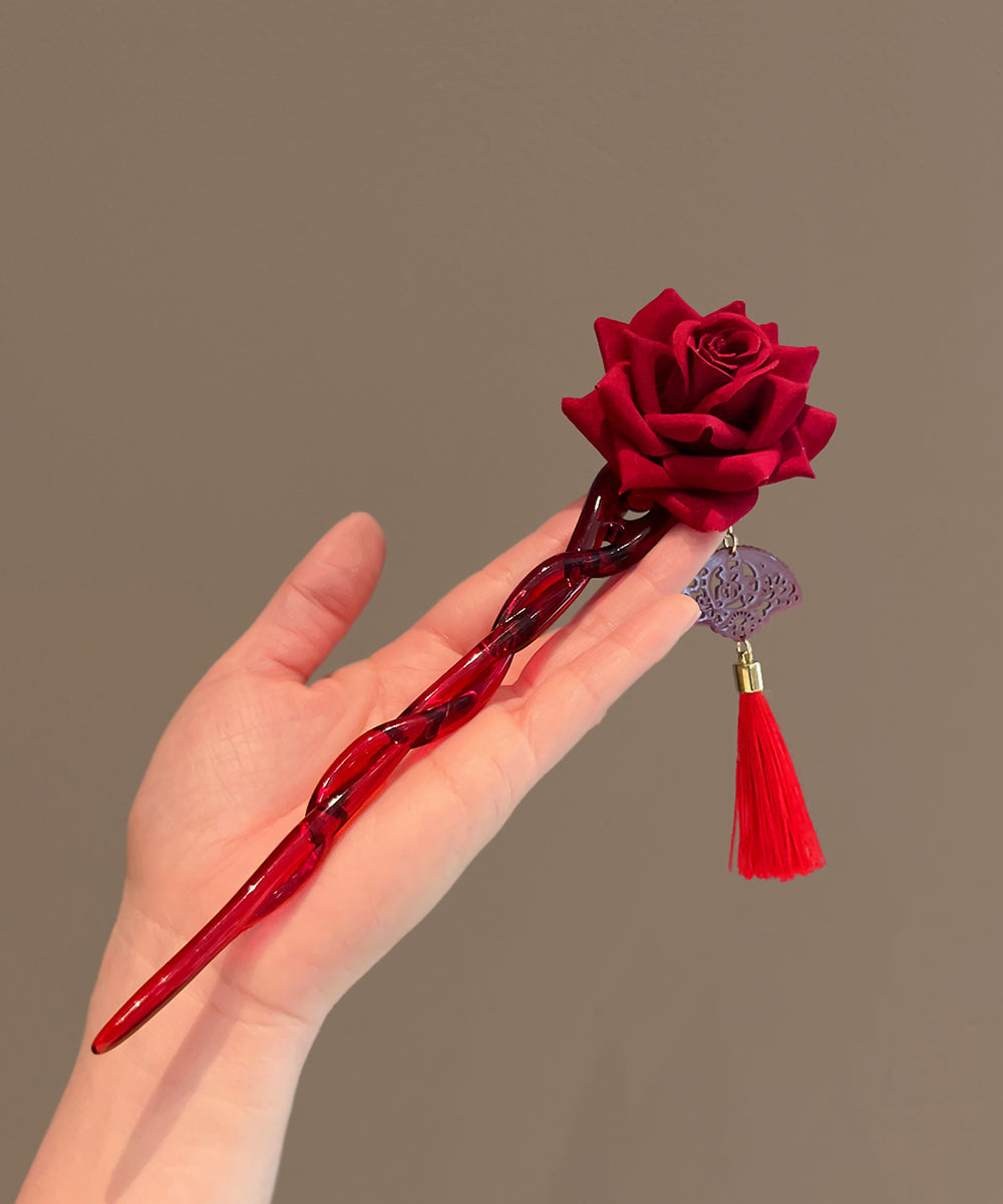 Glaze Red Rose Vintage Tassel Hairpin Coloured
