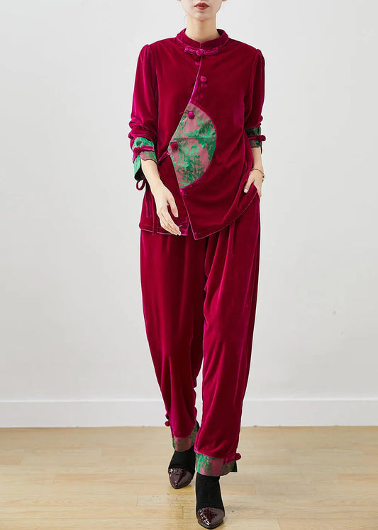 Vintage Rose Tie Waist Patchwork Silk Velour Two Pieces Set Spring Ada Fashion