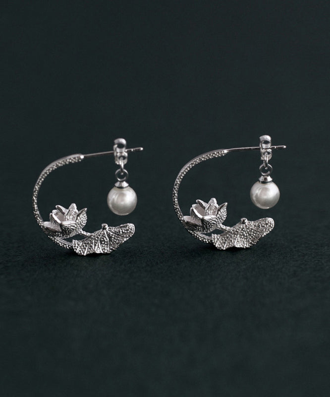 Boucles d'oreilles créoles en argent sterling et soie vintage avec perles et lotus QQ018