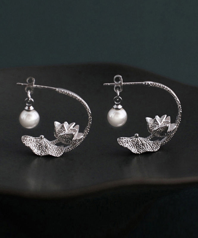 Boucles d'oreilles créoles en argent sterling et soie vintage avec perles et lotus QQ018