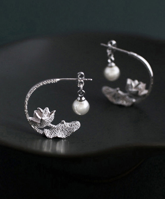 Boucles d'oreilles créoles en argent sterling et soie vintage avec perles et lotus QQ018