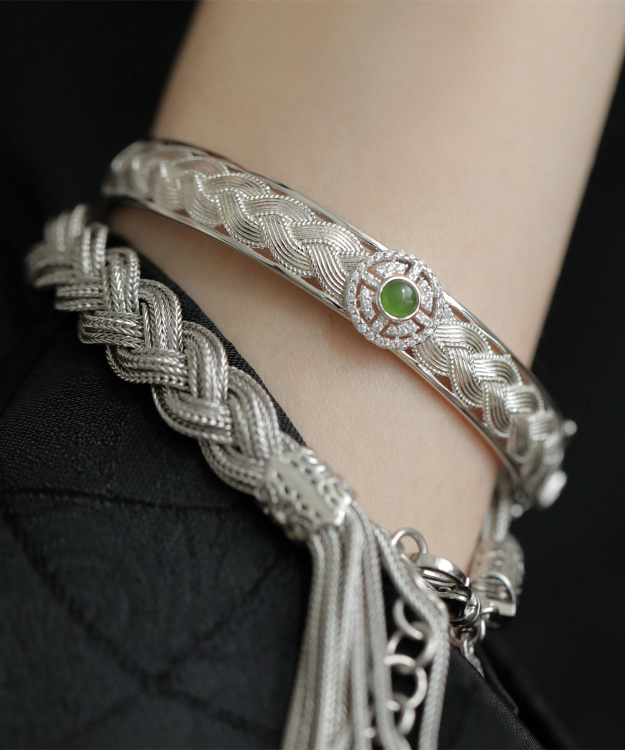 Sterling Silver Weave Lace Silk Bangle Jade Vintage