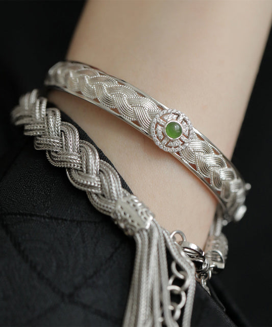 Sterling Silver Weave Lace Silk Bangle Jade Vintage