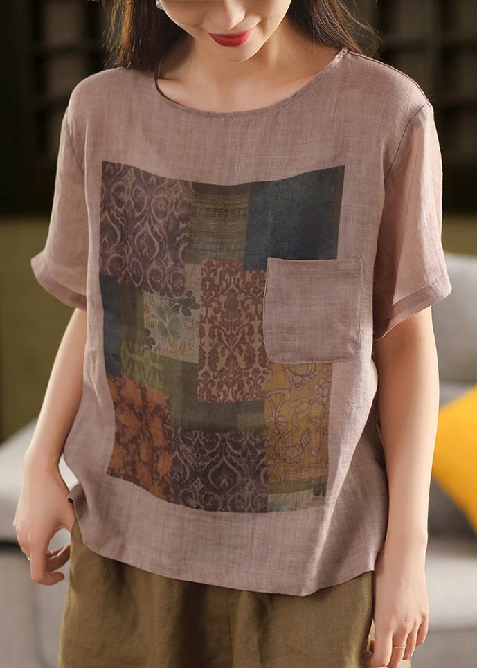 Pink O Vintage Linen Neck Skin Print T Pockets Shirts Summe