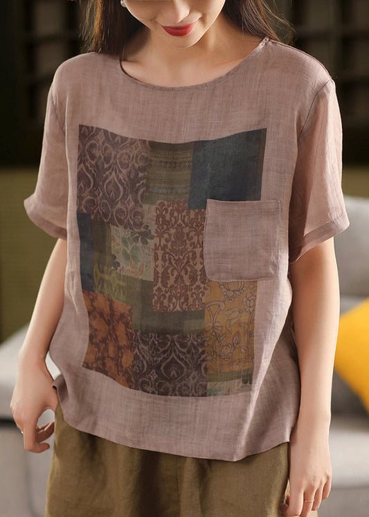 Pink O Vintage Linen Neck Skin Print T Pockets Shirts Summe