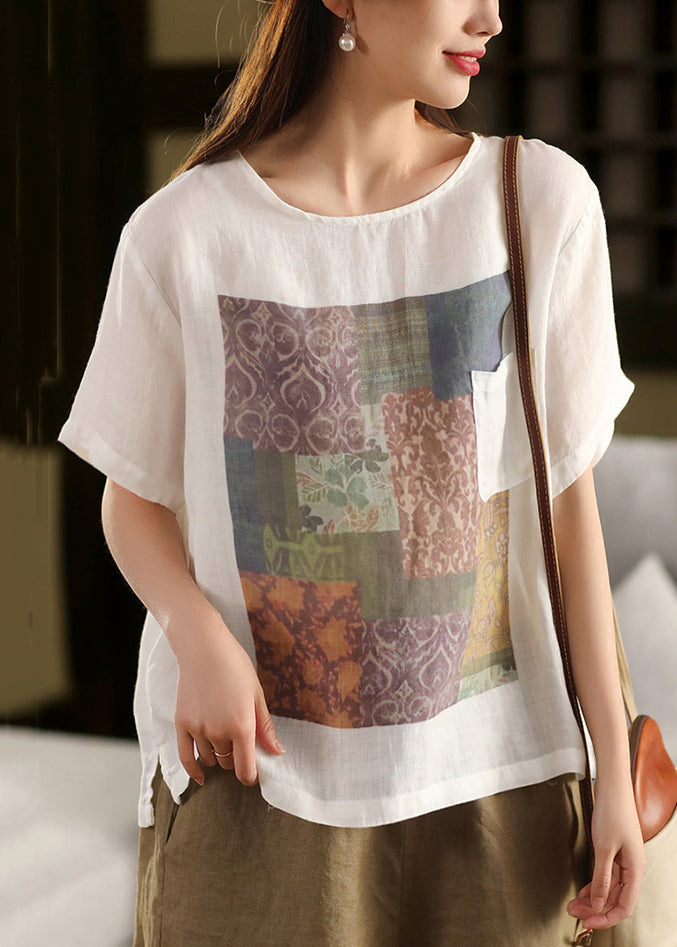 Pink O Vintage Linen Neck Skin Print T Pockets Shirts Summe