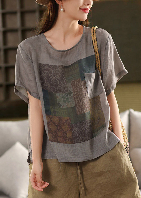 Pink O Vintage Linen Neck Skin Print T Pockets Shirts Summe