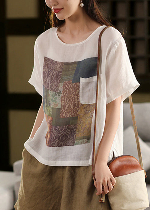Pink O Vintage Linen Neck Skin Print T Pockets Shirts Summe