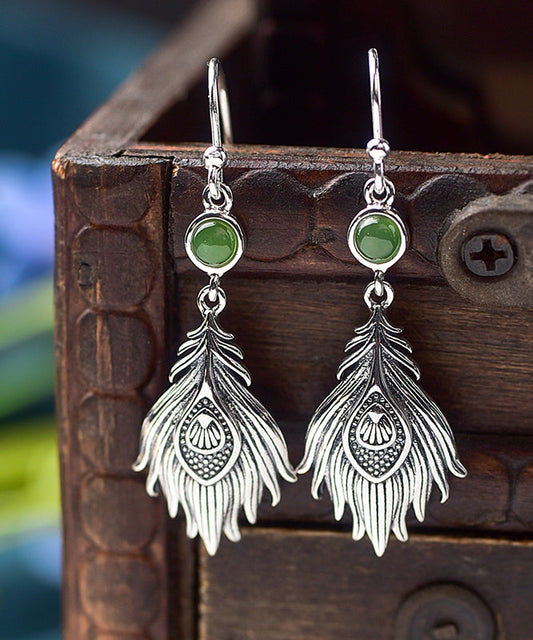 Vintage Sterling Silver Jade Feather Drop Earrings PO073