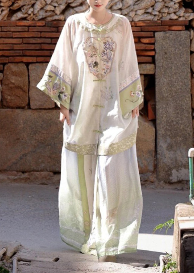 Vintage White Embroidered Patchwork Shirts Wide Leg Pants And Two Pieces Set Spring UU1052