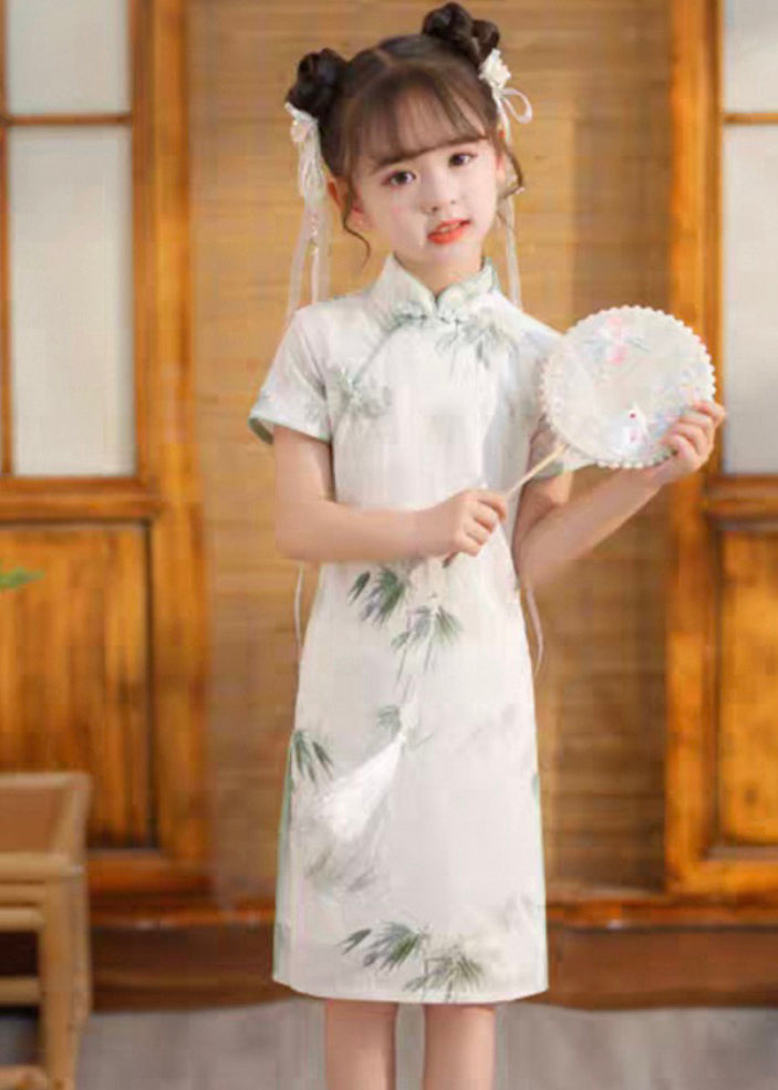 Sleeve Long Girls White Print Short Open Vintage Dress Side