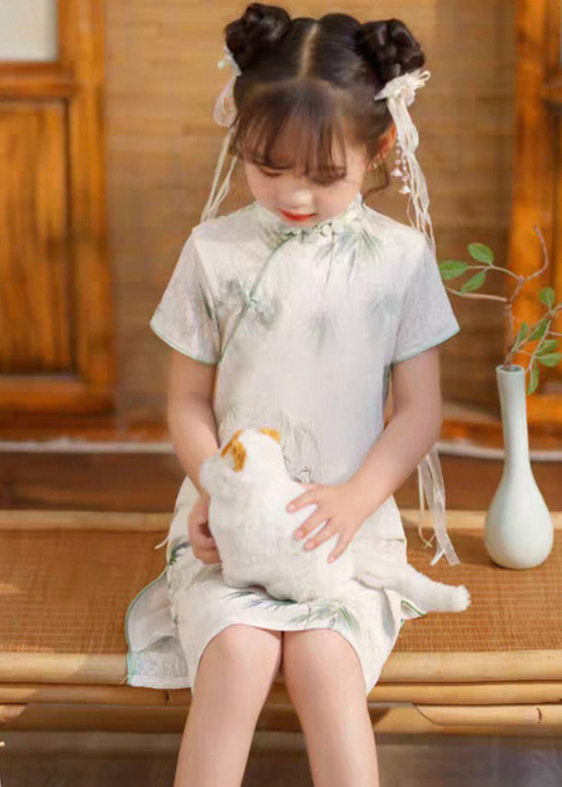 Sleeve Long Girls White Print Short Open Vintage Dress Side