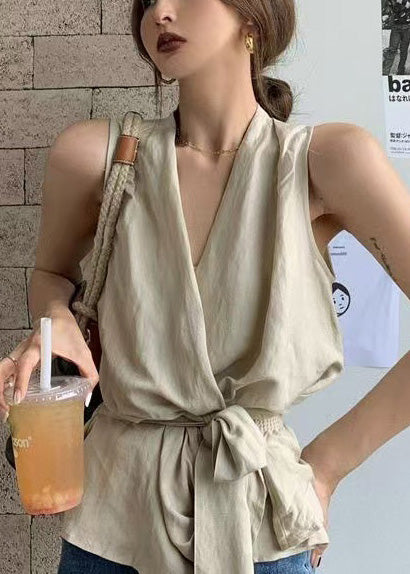Waist Tie Vintage Sleeveless Linen White Vests