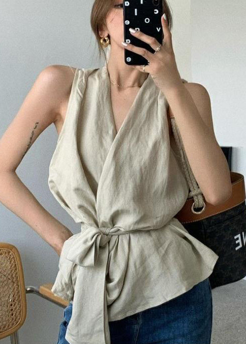 Waist Tie Vintage Sleeveless Linen White Vests