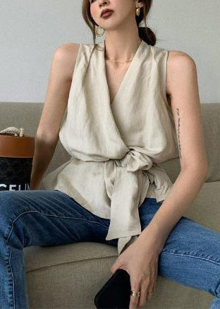Waist Tie Vintage Sleeveless Linen White Vests