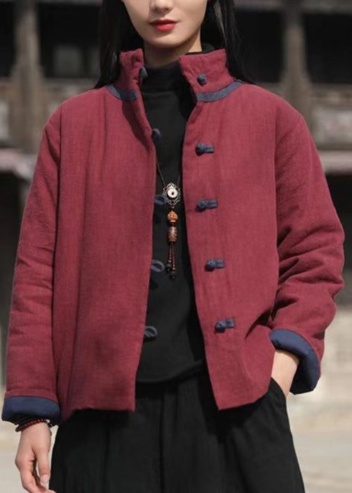 Vintage Wine Red Stand Collar Button Cotton Filled Parkaer Winter QO001