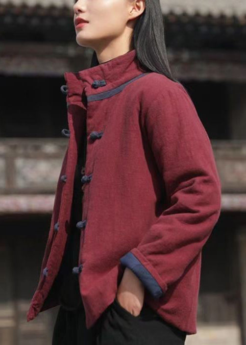 Vintage Wine Red Stand Collar Button Cotton Filled Parkaer Winter QO001