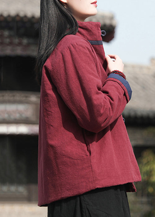 Vintage Wine Red Stand Collar Button Cotton Filled Parkaer Winter QO001