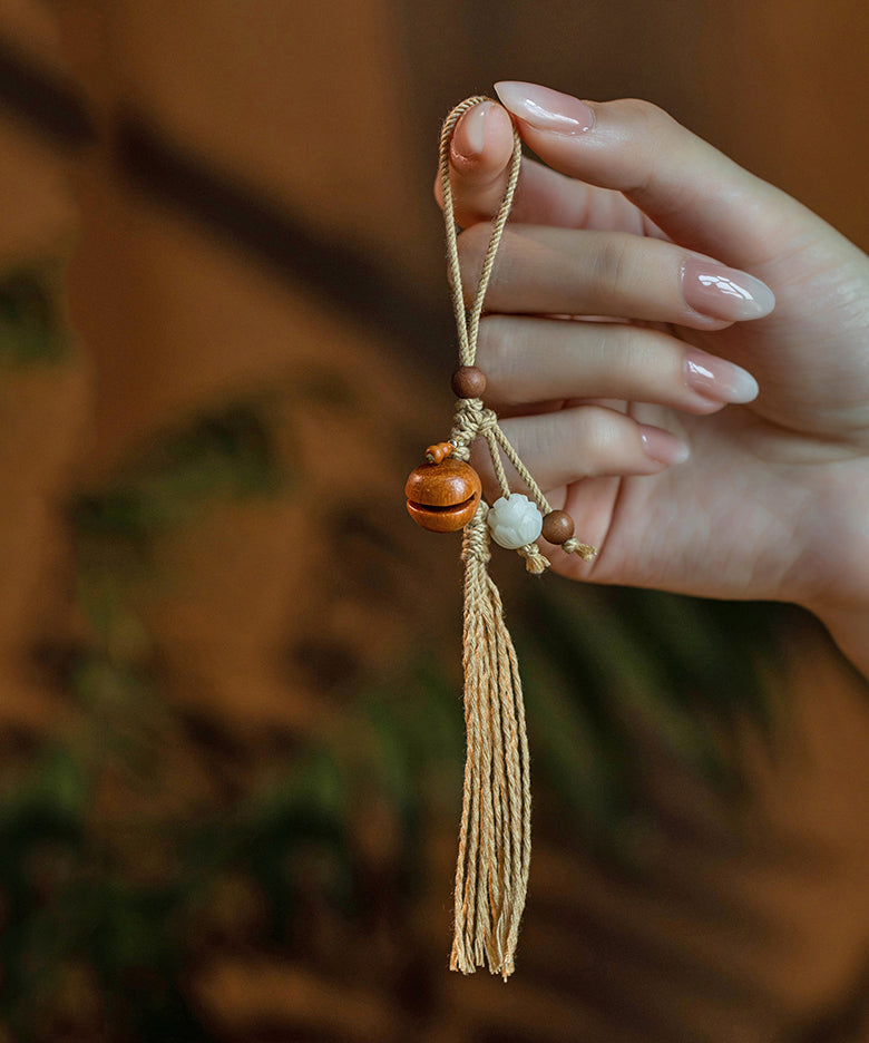 Vintage Yellow Hand Woven Peach Wood Olivary Nucleus Tassel Keychains ZZ013