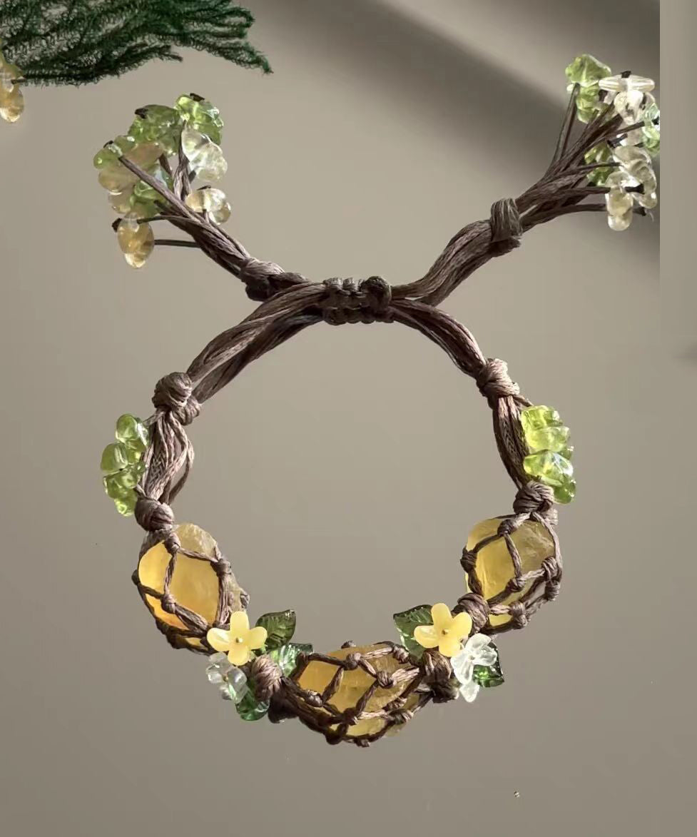 Vintage Yellow Handmade Weaving Crystal Floral Tassel Charm Bracelet QD014