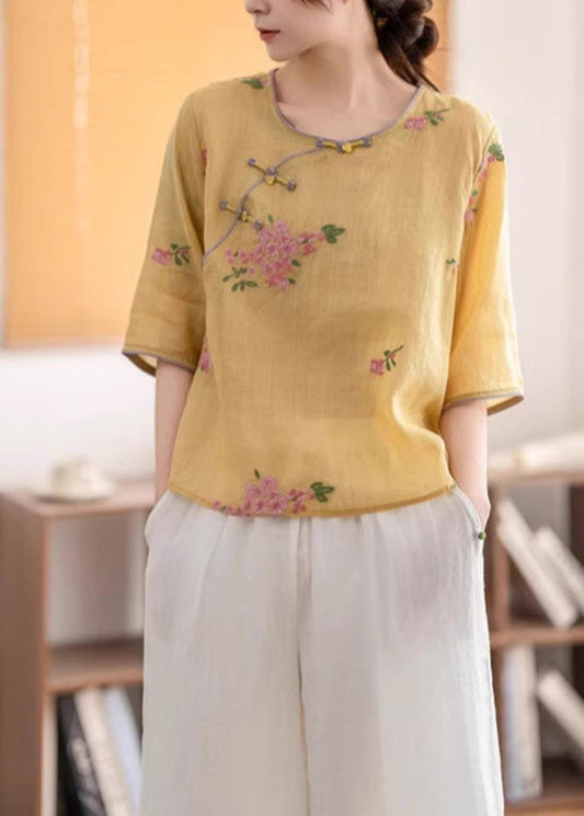 Linen Shirt Oriental O Summer Neck Vintage Yellow Button