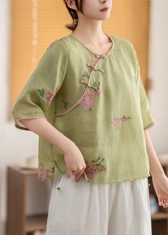 Linen Shirt Oriental O Summer Neck Vintage Yellow Button