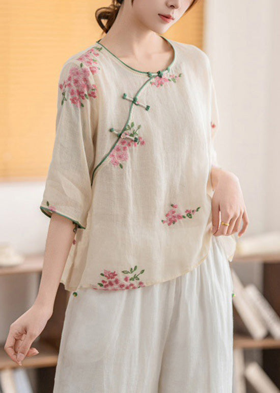 Linen Shirt Oriental O Summer Neck Vintage Yellow Button