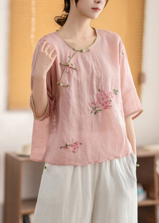 Linen Shirt Oriental O Summer Neck Vintage Yellow Button