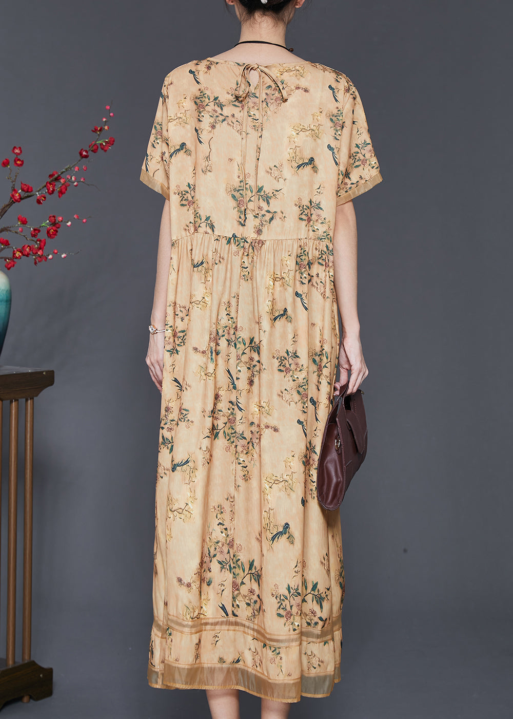 Vintage Yellow Print Exra Large Hem Silk Dresses Summer SD1053