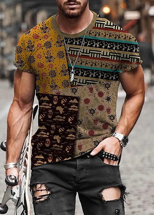 Summer Patchwork Cotton T Mens Shirts Vintage Print Yellow