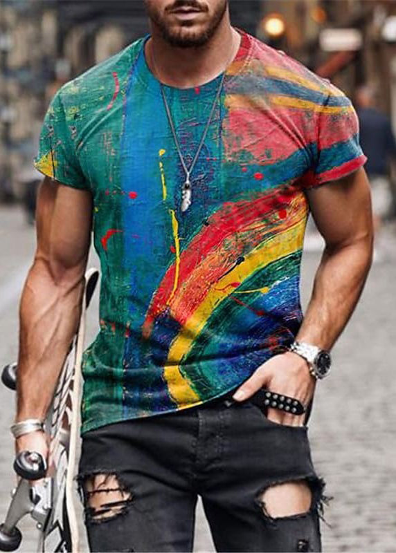 Summer Patchwork Cotton T Mens Shirts Vintage Print Yellow