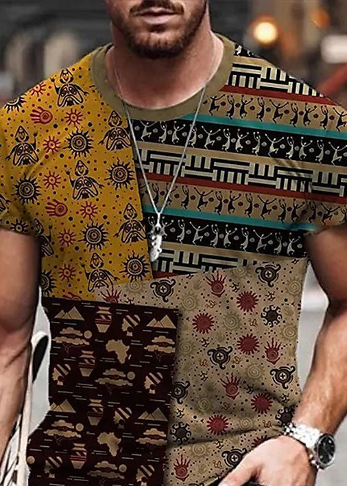 Summer Patchwork Cotton T Mens Shirts Vintage Print Yellow