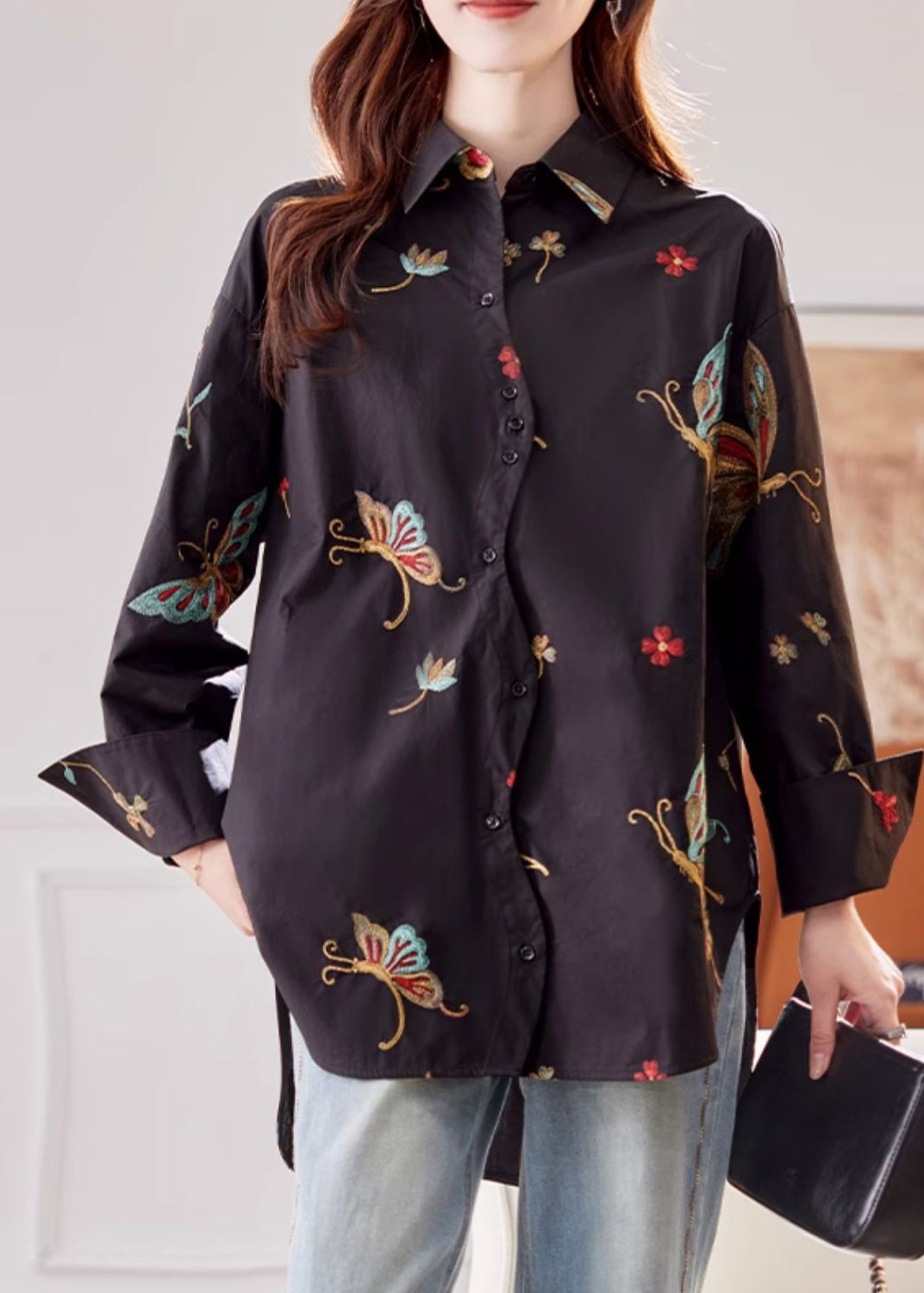 Flare Cotton Print Shirts Vogue Pan Black Collar Sleeve Peter