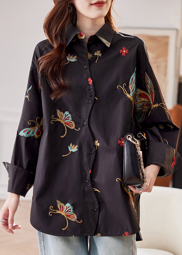 Flare Cotton Print Shirts Vogue Pan Black Collar Sleeve Peter