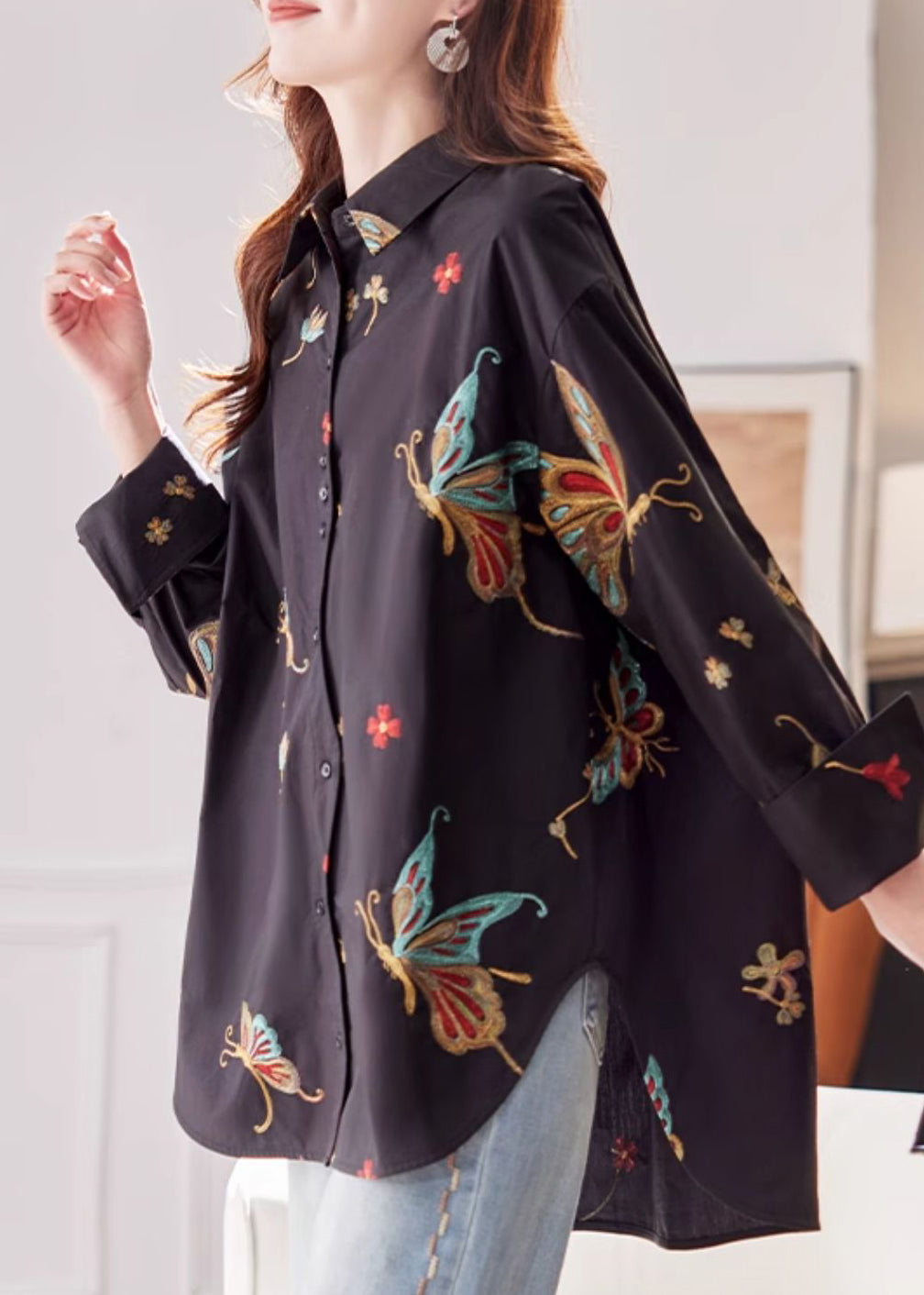 Flare Cotton Print Shirts Vogue Pan Black Collar Sleeve Peter