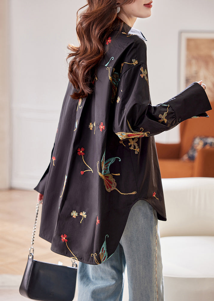 Flare Cotton Print Shirts Vogue Pan Black Collar Sleeve Peter