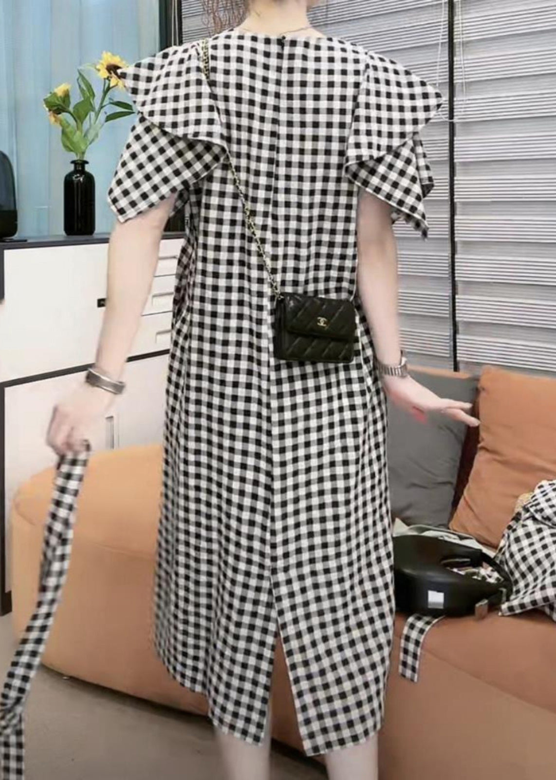 Vogue Black Plaid Tie Waist Long Dresses Short Sleeve VB1046