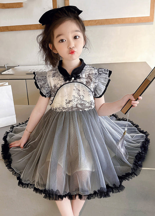 Robe longue noire à volants et col montant en tulle pour enfants, sans manches, MN032