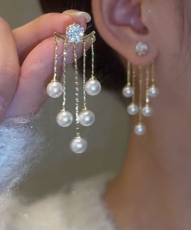 Gold Alloy Earrings Tassel Vogue Pearl Copper Drop