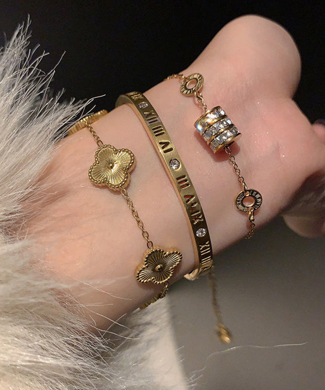 Gold Alloy Four Stainless Zircon Vogue Clover Leaf Steel Graphic